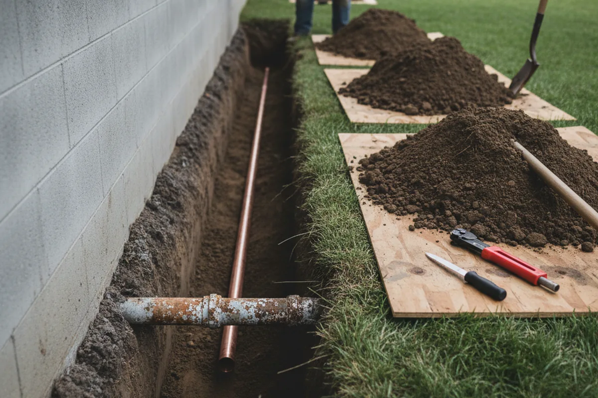 Excavated water line trench during Sewer Line Repair in Linefork